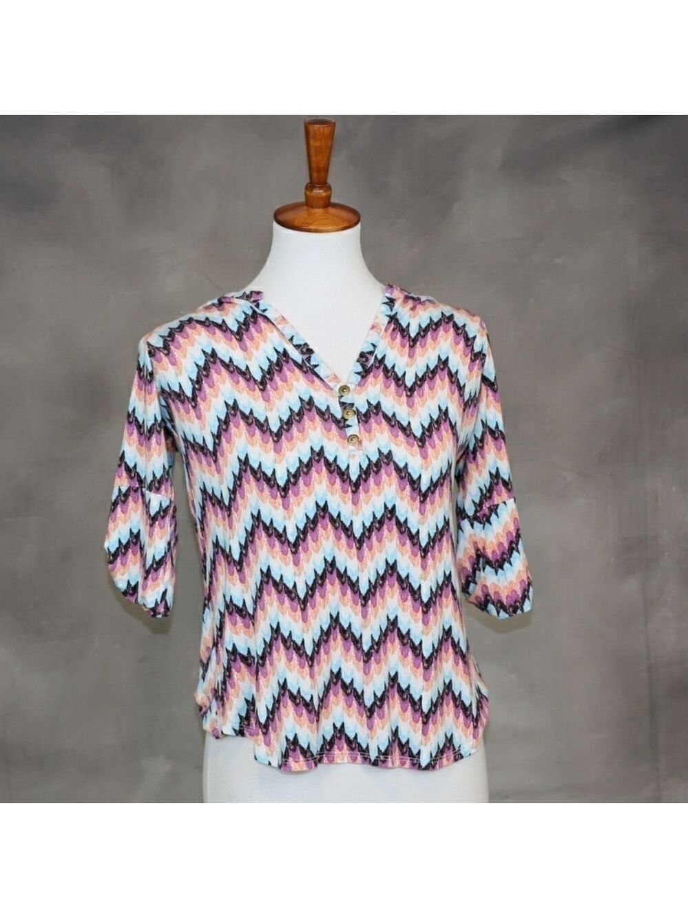 Pixley chevron print blouse. Brass buttons. S